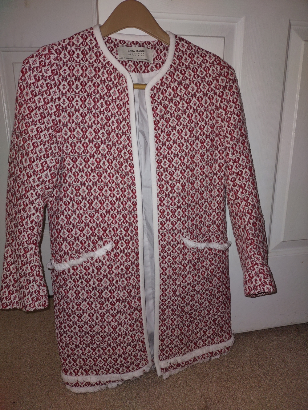 Zara Basic Geometric Tapestry Print Collarless Long Jacket (Size 4)